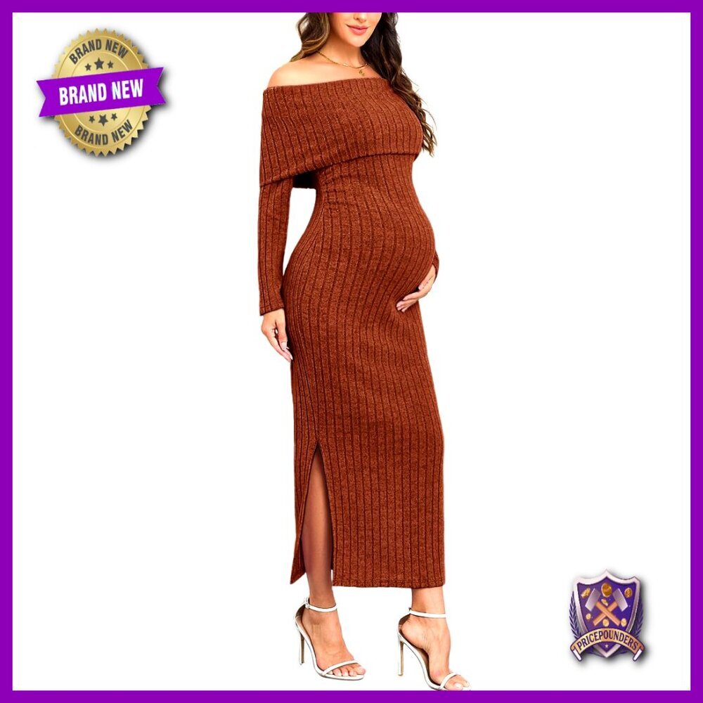 Maternity Sweater Dress Off Shoulder Rib Knit Long Sleeve Side Slit